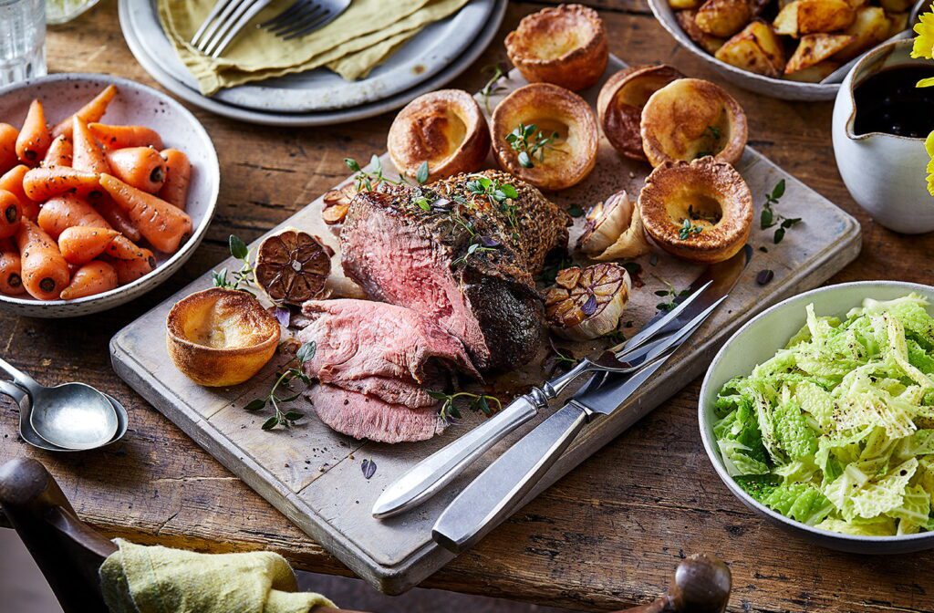 a classic christmas dinner roast beef with all the trimmings