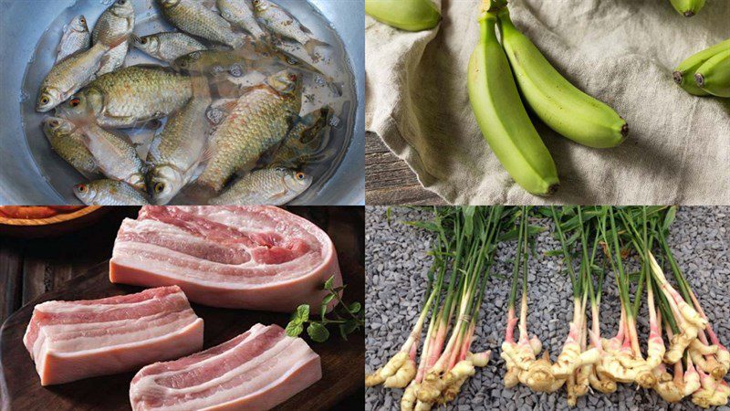 Ingredients for the dish of braised carp with sour starfruit and green bananas