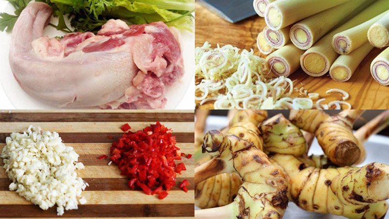 Ingredients for stir-fried pork tongue with galangal and lemongrass and stir-fried pork tongue with scallion flowers