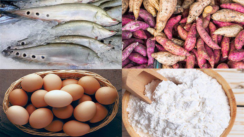 Ingredients for fried snakehead fish cake wrapped in sweet potato, fried snakehead fish cake wrapped in sticky rice