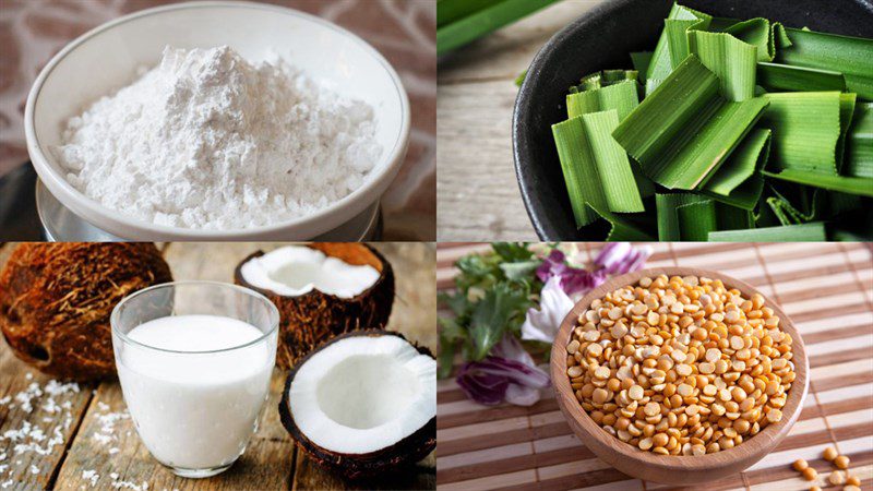 Ingredients for sweet sticky rice cake with mung bean and coconut filling