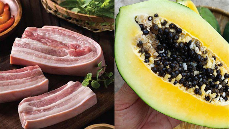 Ingredients for the dish of stewed papaya with pork