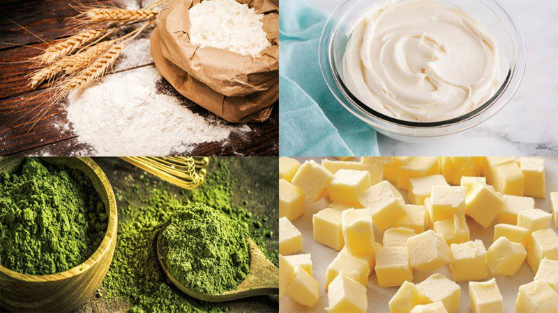 Ingredients for green tea (matcha) cheese tart