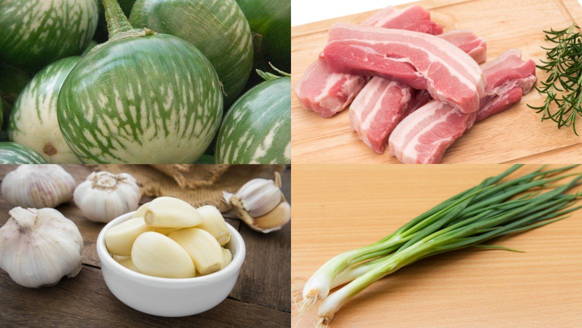 Ingredients for the dish how to make stir-fried eggplant with garlic, wild betel leaves, and meat