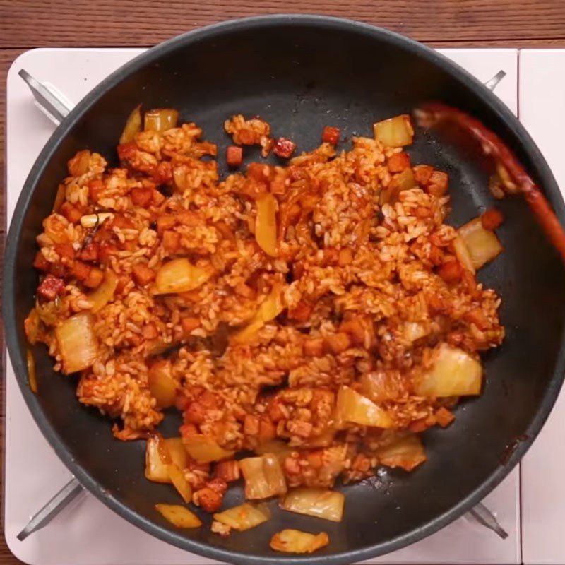 Step 2 Fry the rice for Kimchi Fried Rice with quail eggs