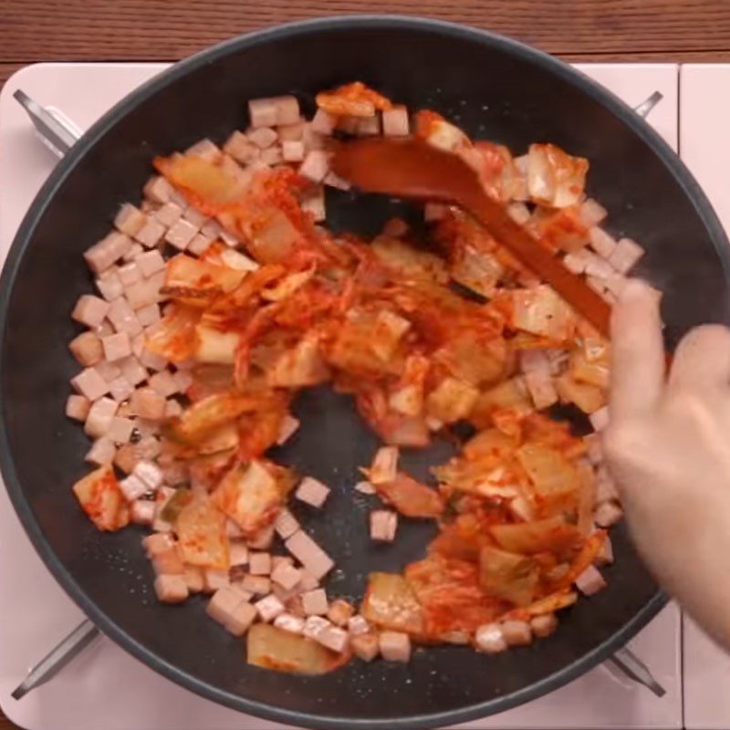 Step 2 Fry the rice for Kimchi Fried Rice with quail eggs