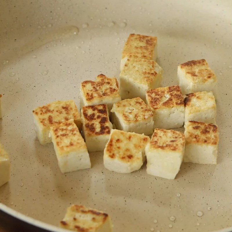 Step 3 Fry tofu and sauté mushrooms Vegan miso ramen