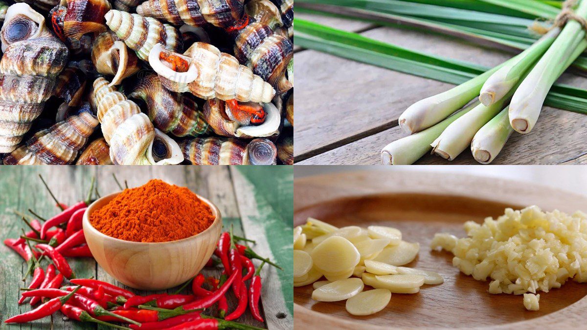 Ingredients for the dish stir-fried snails with coconut and with lemongrass and chili