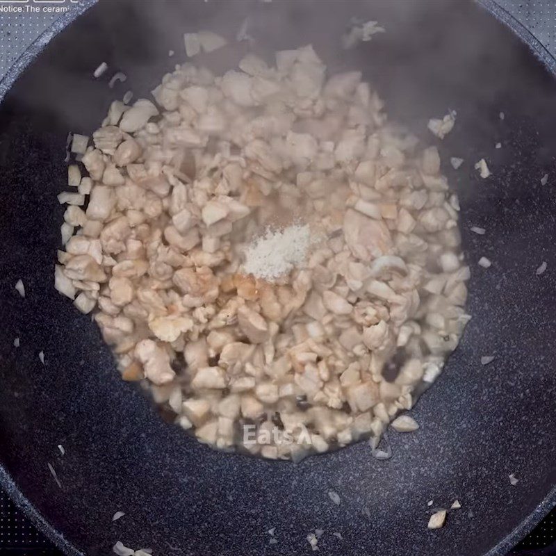 Step 2 Stir-fry chicken breast and mushrooms for Chicken Breast Oatmeal Soup