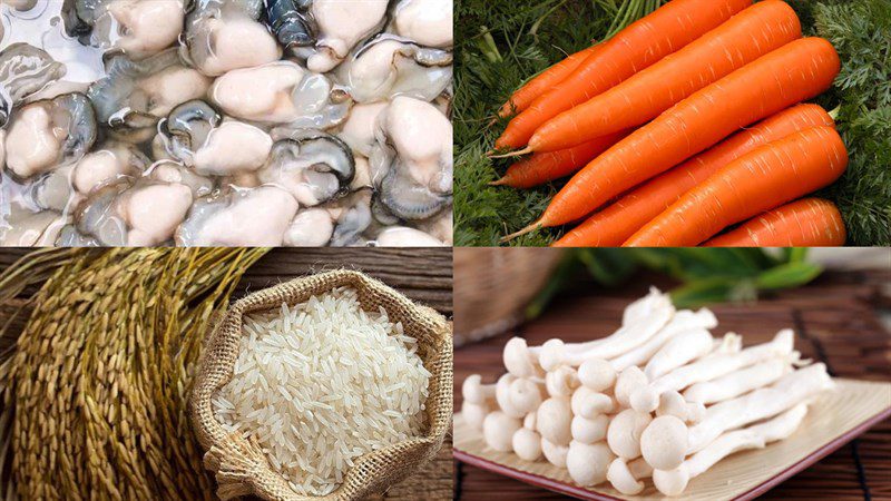 Ingredients for the dish of oyster porridge with carrot and chicken egg