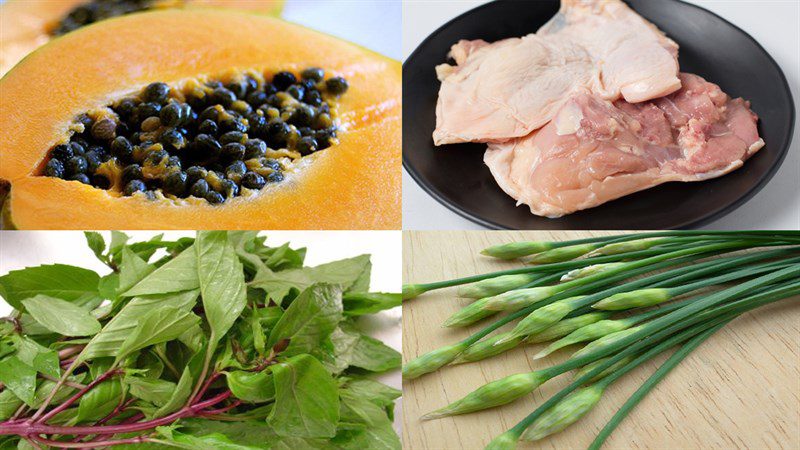 Ingredients for the dish of stir-fried papaya with chicken and stir-fried beef