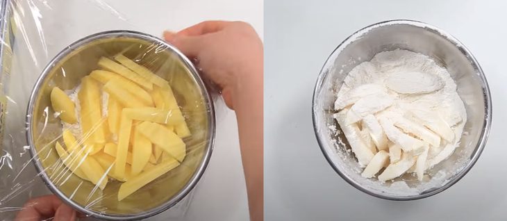 Step 2 Dredging in flour and egg Spicy salted potatoes