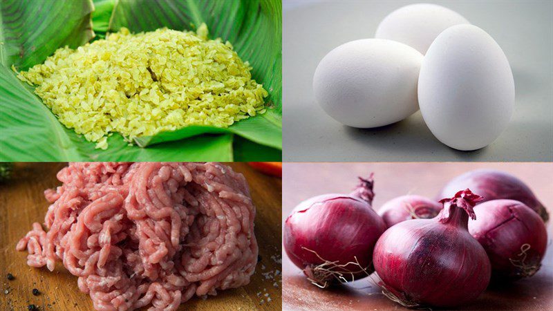 Ingredients for green sticky rice omelette