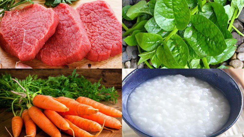 Ingredients for beef porridge with water spinach for baby weaning