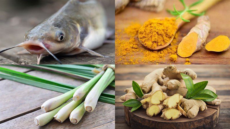 Ingredients for the dish of braised catfish with ginger, turmeric, and lemongrass