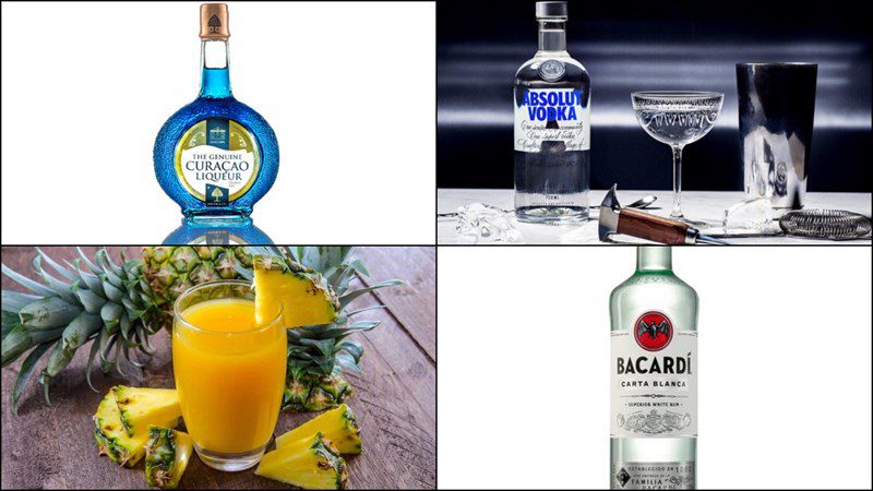 Ingredients for blue hawaii cocktail