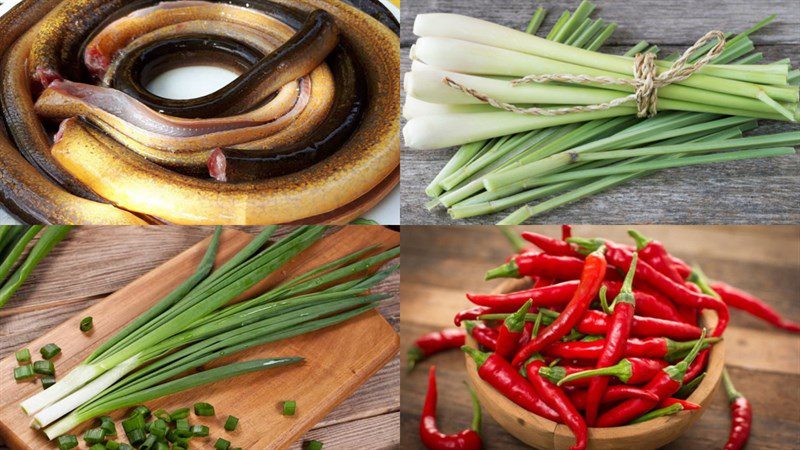 Ingredients for the dish of eel cooked with lemongrass and chili