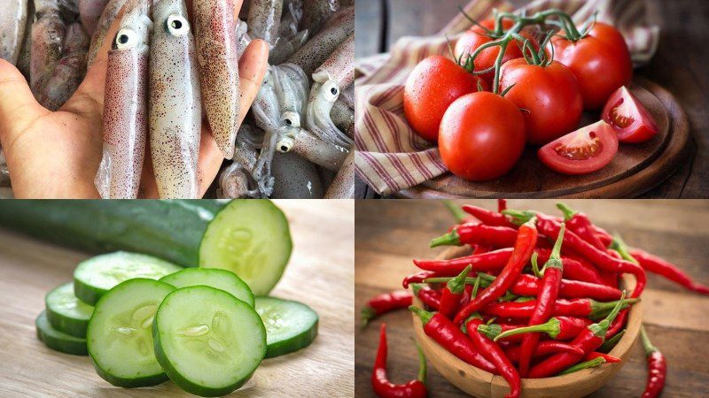 Ingredients for the dish stir-fried squid with tomatoes and cucumbers