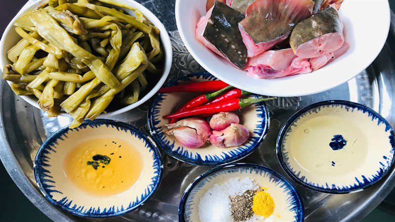 Ingredients for stingray fish stew with pickled melon