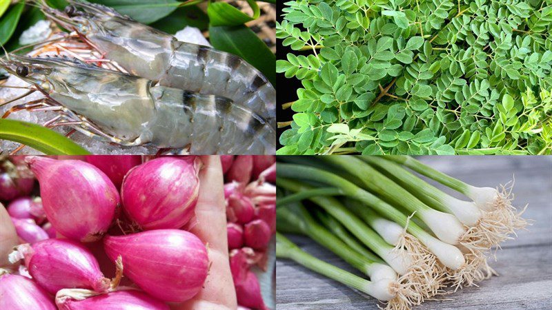 Ingredients for the dish Moringa leaf soup with fresh shrimp, Moringa leaf soup with dried shrimp