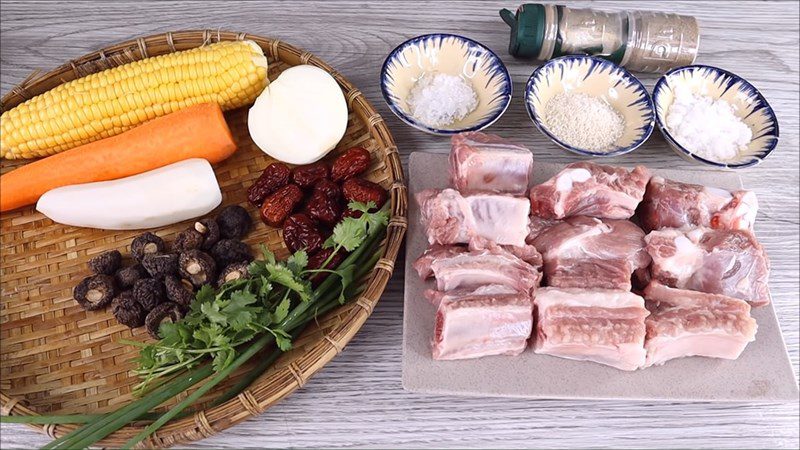 Ingredients for the dish of rib soup with mushrooms and vegetables