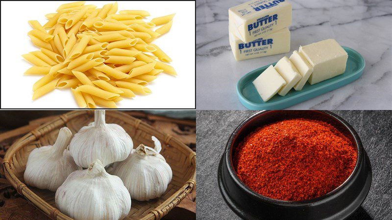 Ingredients for fried noodle with butter, garlic, and chili