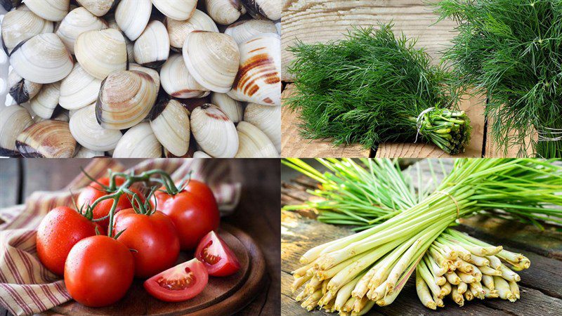 Ingredients for clam soup with dill in 2 cooking methods