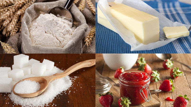 Ingredients for baked donut, baked donut with jam filling