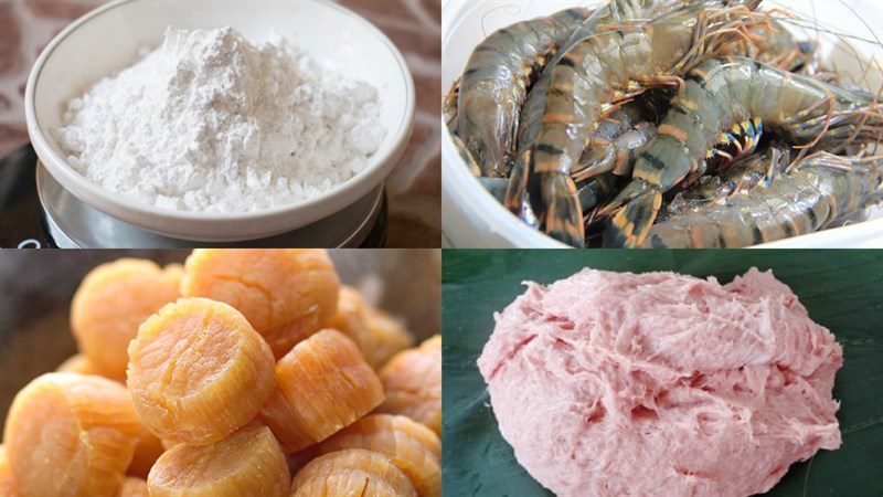 Ingredients for the dish of sticky rice cake with meat and scallop filling