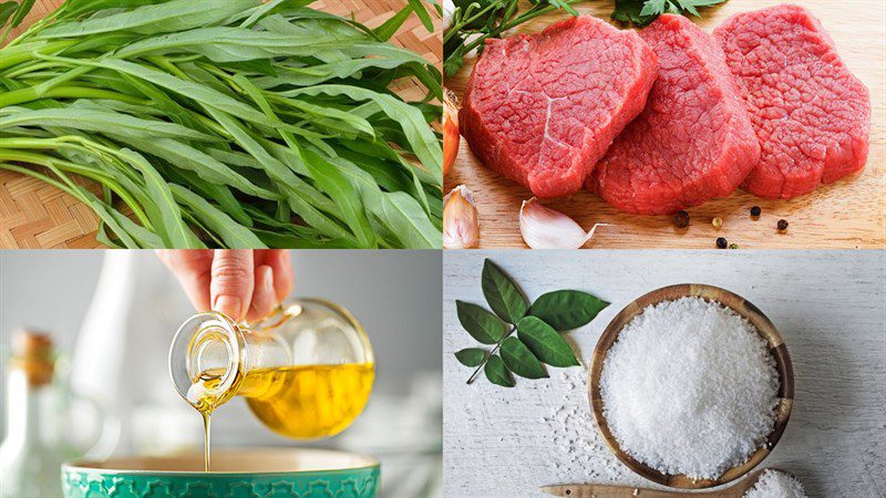 Ingredients for stir-fried water spinach with beef