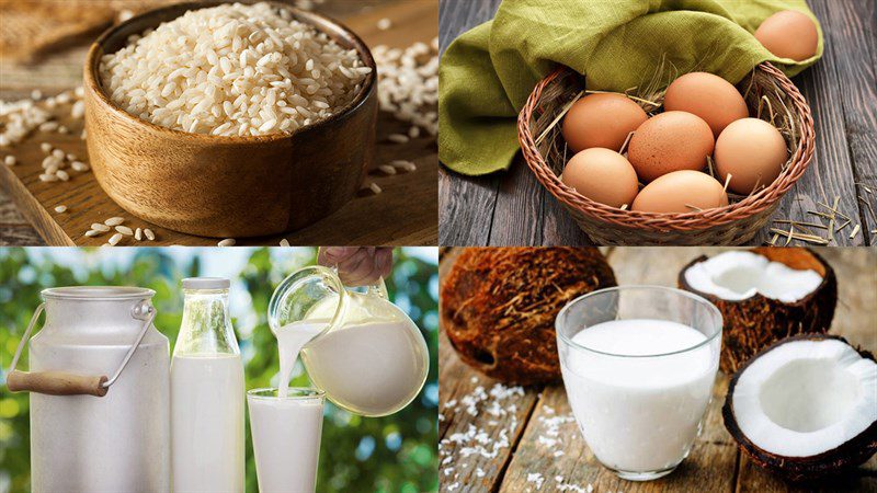 Ingredients for rice pudding - coconut milk rice pudding with mango