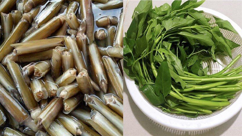 Ingredients for stir-fried razor clams with water spinach