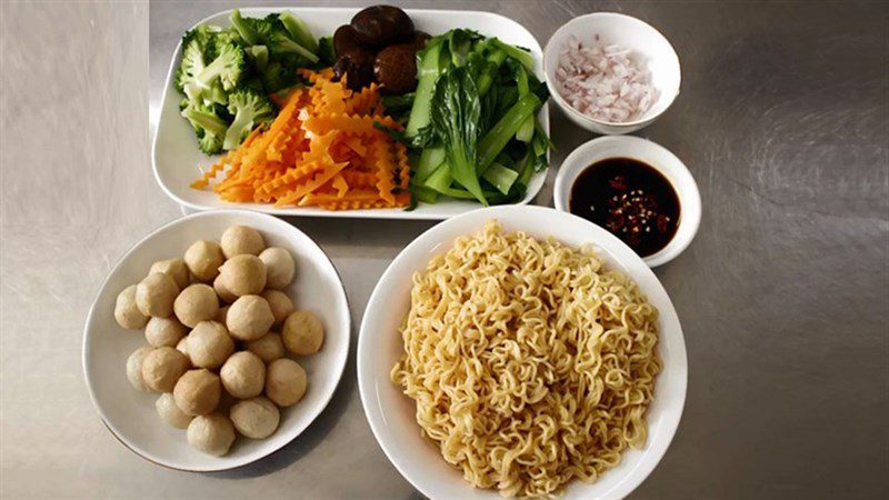 Ingredients for fried noodle with fish balls (fish cake balls)