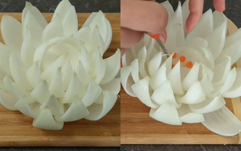 Cut off the onion core and shape the flower's stamen