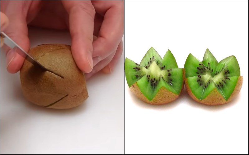 Cutting the serrated edge to split the kiwi in half