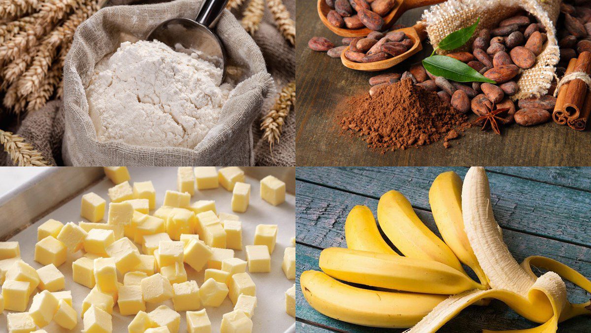 Ingredients for chocolate banana sponge cake