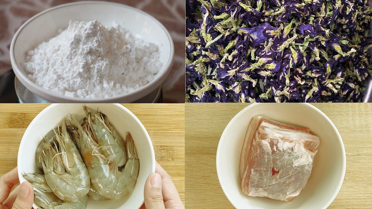 Ingredients for the dish of blue butterfly pea flower tapioca cake with shrimp and meat filling