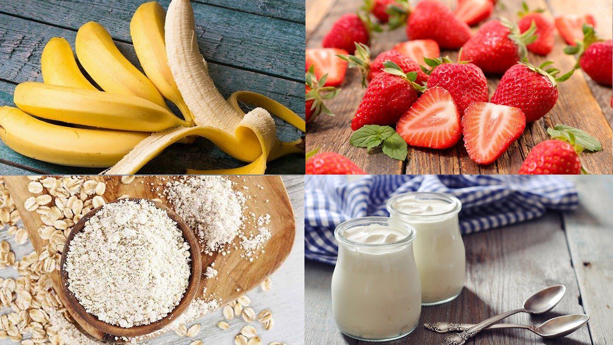 Ingredients for banana strawberry oatmeal cake using an air fryer