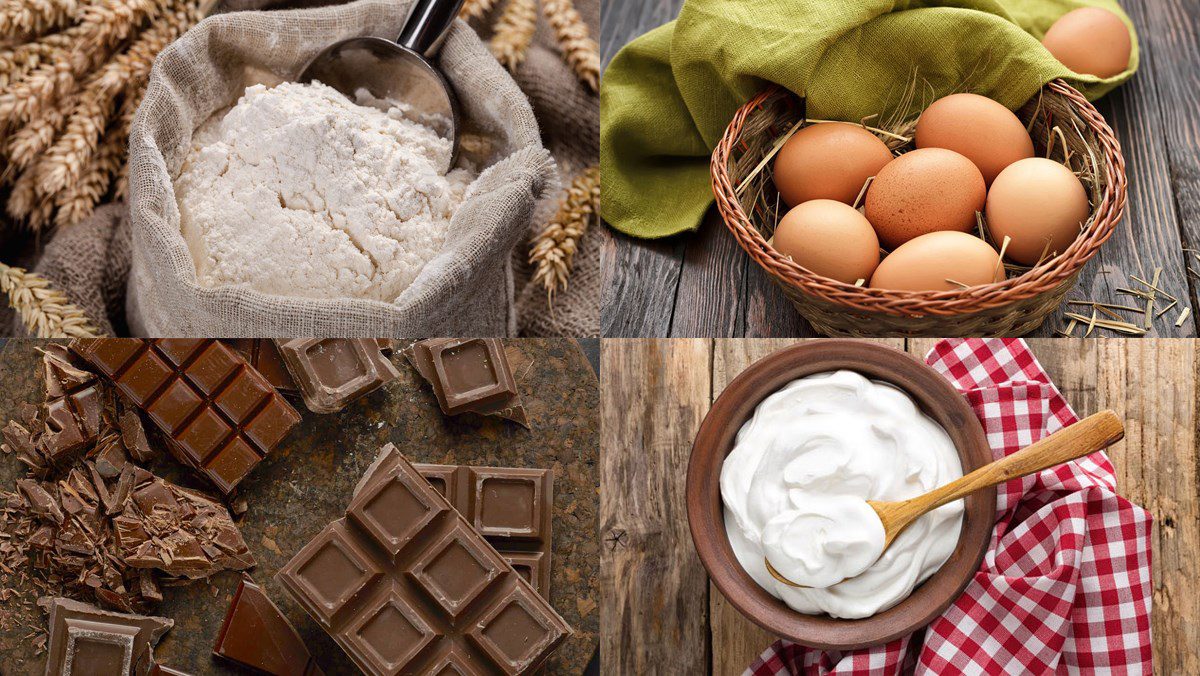 Ingredients for macaron dishes made with flour, chocolate macarons made with flour, coffee macarons made with flour, coconut macarons made with flour, lemon macarons made with flour