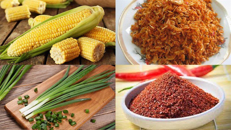 Ingredients for the dish of corn sautéed with dried shrimp