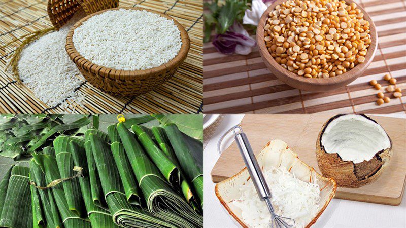 Ingredients for the dish of sticky rice cake with coconut and mung bean filling