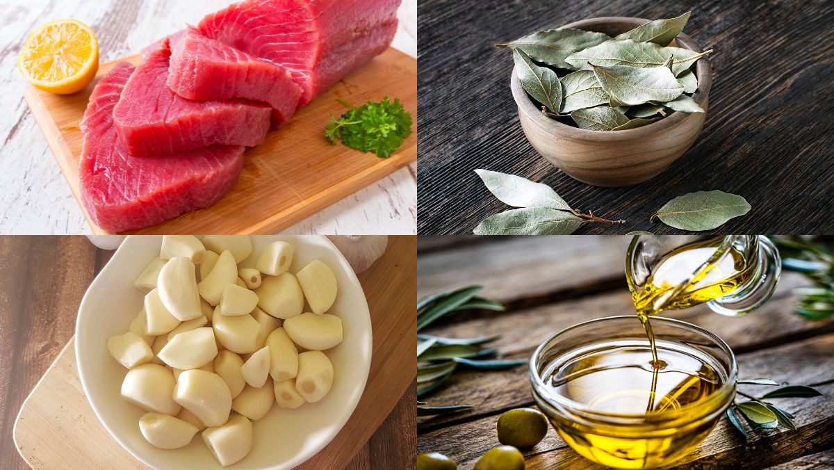 Ingredients for making delicious and nutritious tuna in oil with stainless steel pan