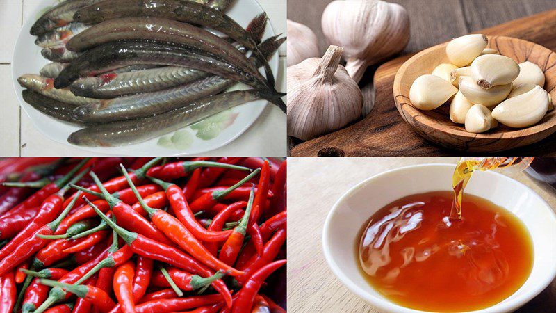 Ingredients for fried snakehead fish with fish sauce, garlic, and chili