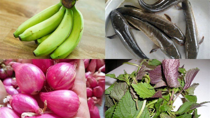 Ingredients for green banana soup with ribs, green banana soup with snakehead fish, green banana soup with shrimp