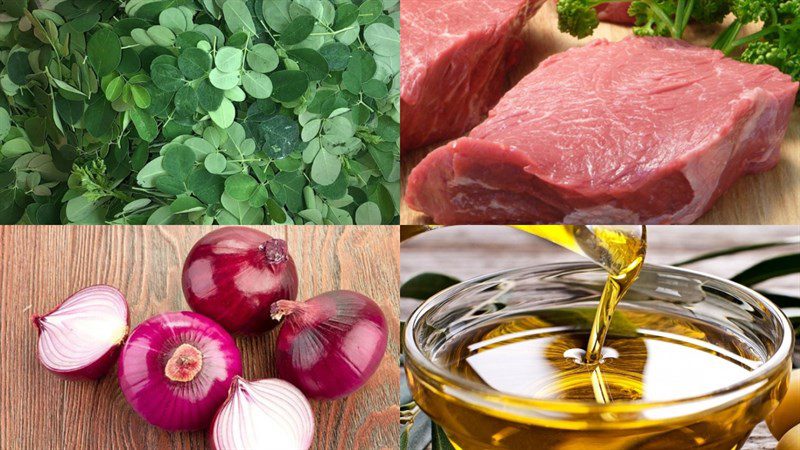 Ingredients for the dish of moringa leaf soup with minced meat