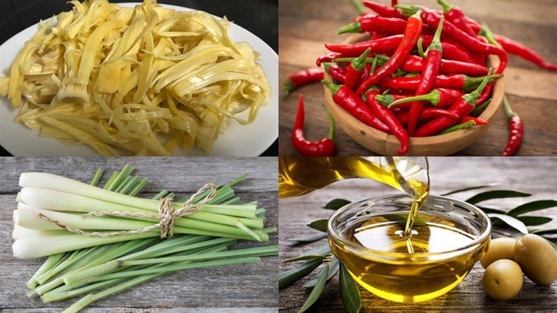 Ingredients for the dish of boiled jackfruit fibers with lemongrass and chili