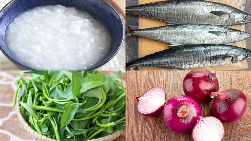 Ingredients for water spinach porridge with mackerel