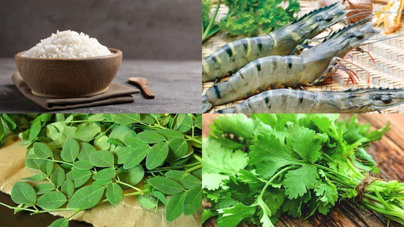 Ingredients for shrimp and moringa porridge