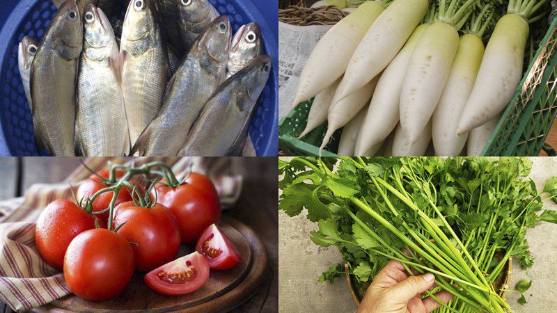 Ingredients for the dish fish soup (snakehead fish) cooked with vegetables