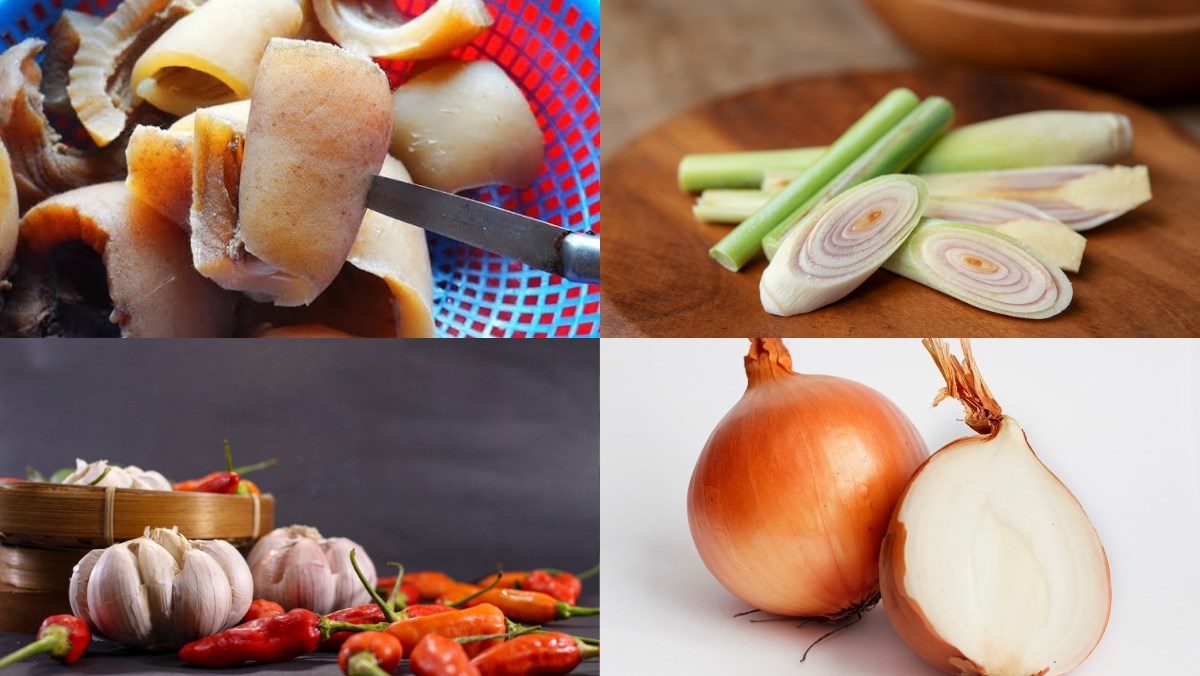 Ingredients for the dish on how to make stir-fried beef skin with lemongrass and chili